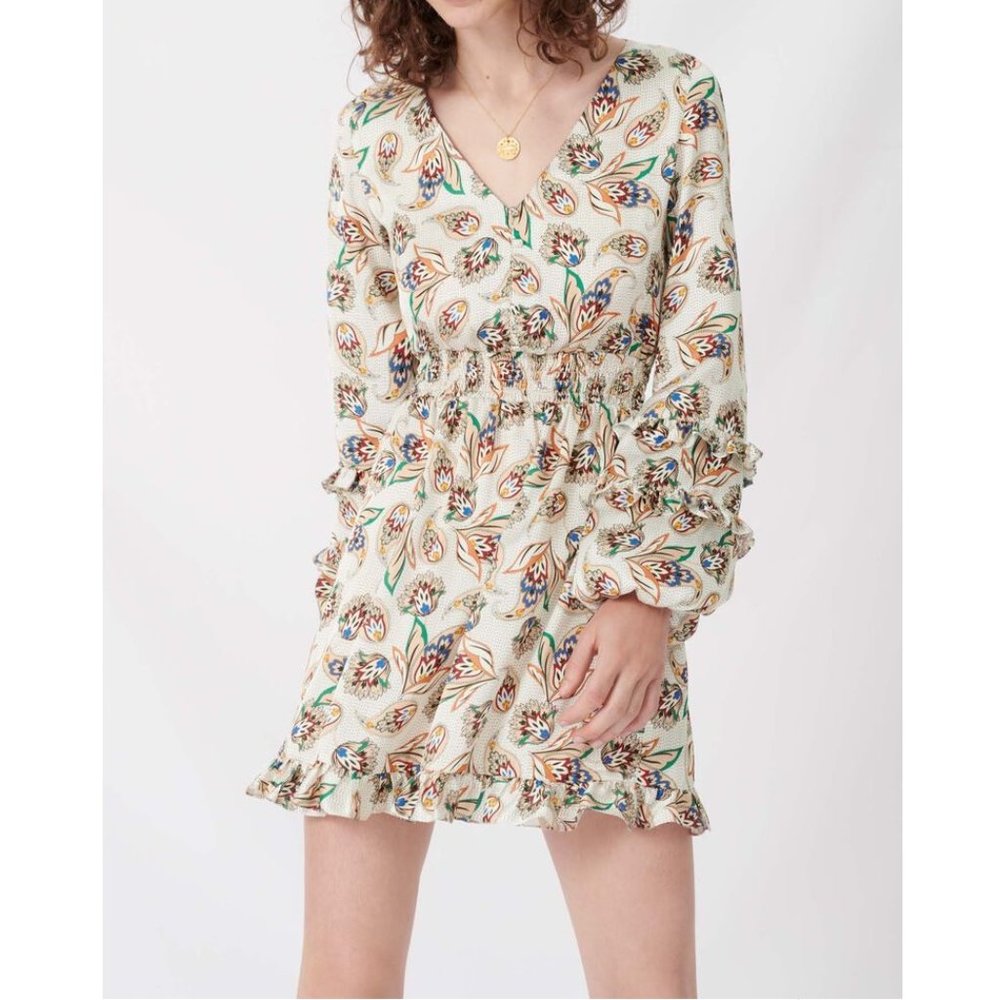 MAJE Risley Satin Paisley Print Ruffled Dress